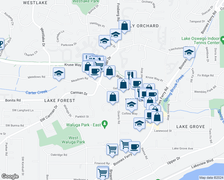 map of restaurants, bars, coffee shops, grocery stores, and more near 4500 Galewood Street in Lake Oswego