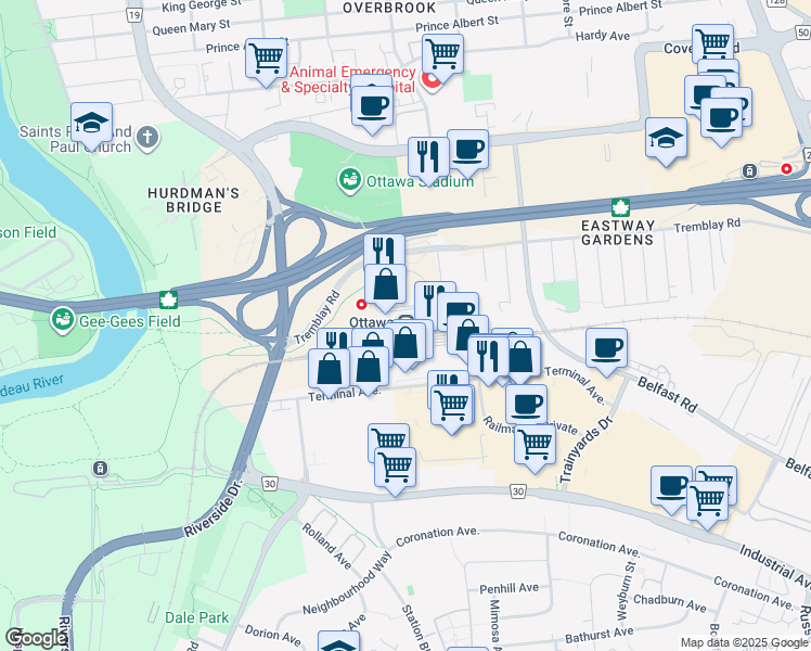 map of restaurants, bars, coffee shops, grocery stores, and more near 200 Tremblay Road in Ottawa