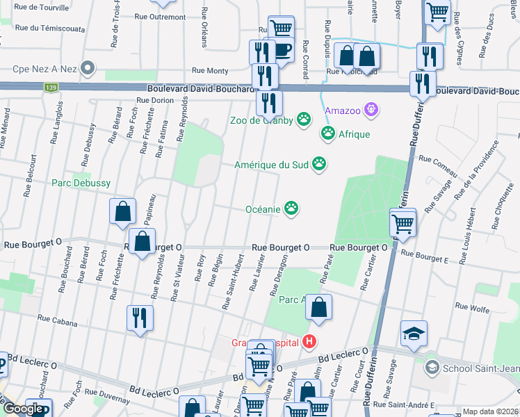 map of restaurants, bars, coffee shops, grocery stores, and more near 469 Rue Rachel in Granby