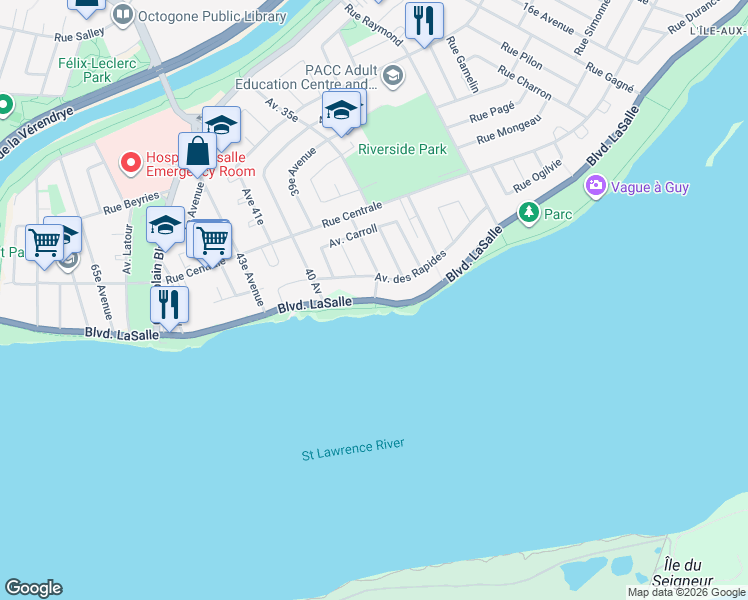 map of restaurants, bars, coffee shops, grocery stores, and more near Boulevard LaSalle & 37e Av in Montréal