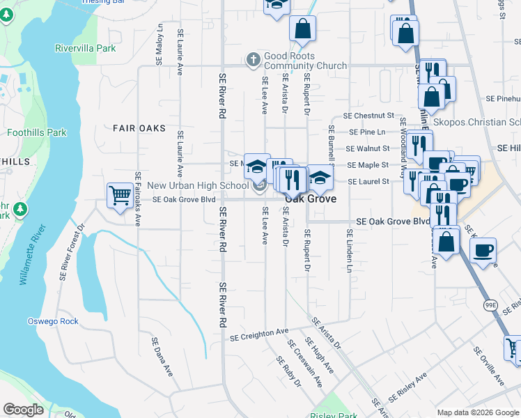 map of restaurants, bars, coffee shops, grocery stores, and more near 14715 Southeast Lee Avenue in Milwaukie
