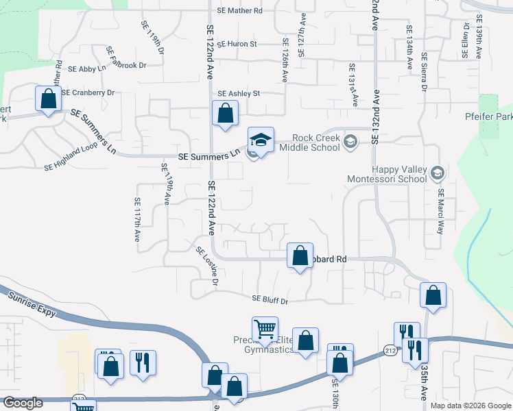 map of restaurants, bars, coffee shops, grocery stores, and more near 12432 Southeast Mountain Sun Drive in Clackamas