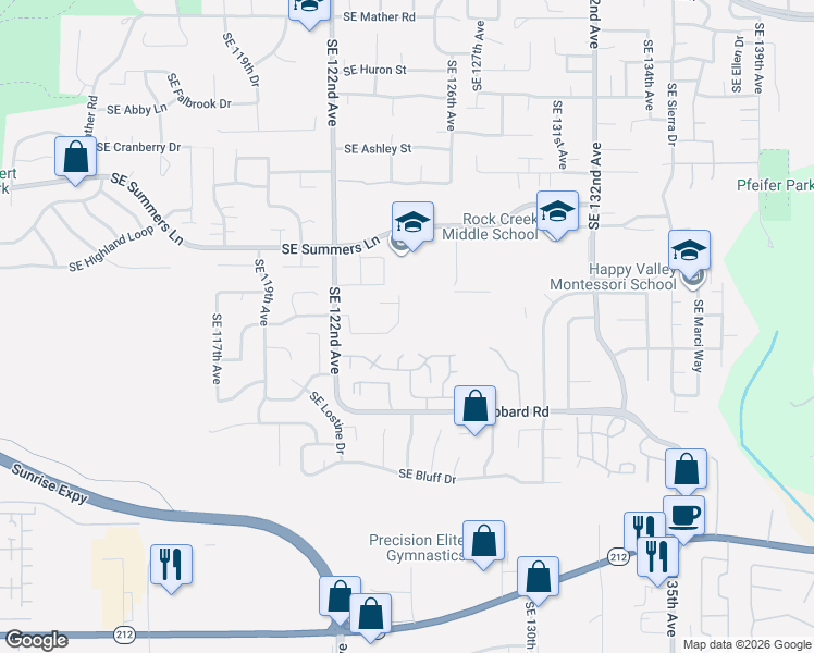 map of restaurants, bars, coffee shops, grocery stores, and more near 12432 Southeast Mountain Sun Drive in Clackamas