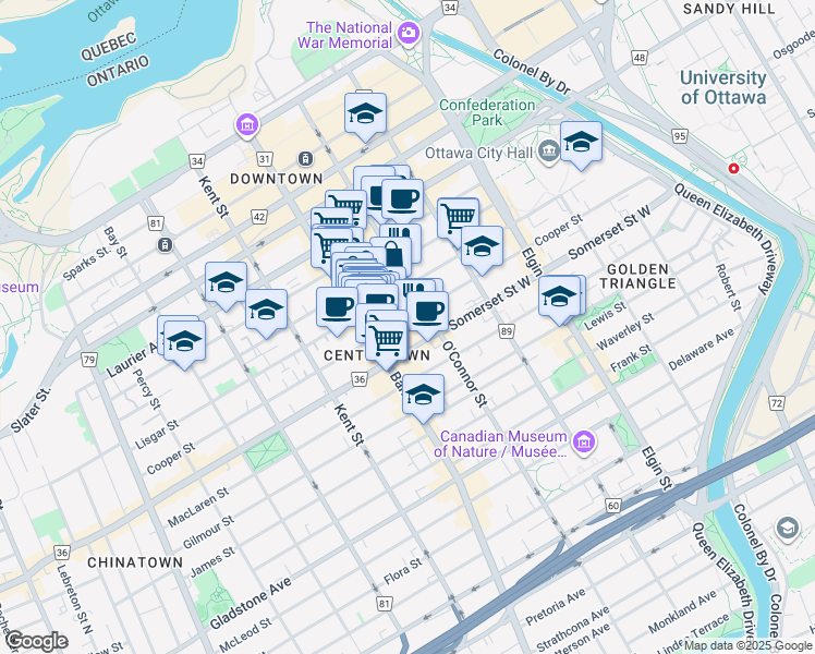 map of restaurants, bars, coffee shops, grocery stores, and more near 364 Cooper Street in Ottawa