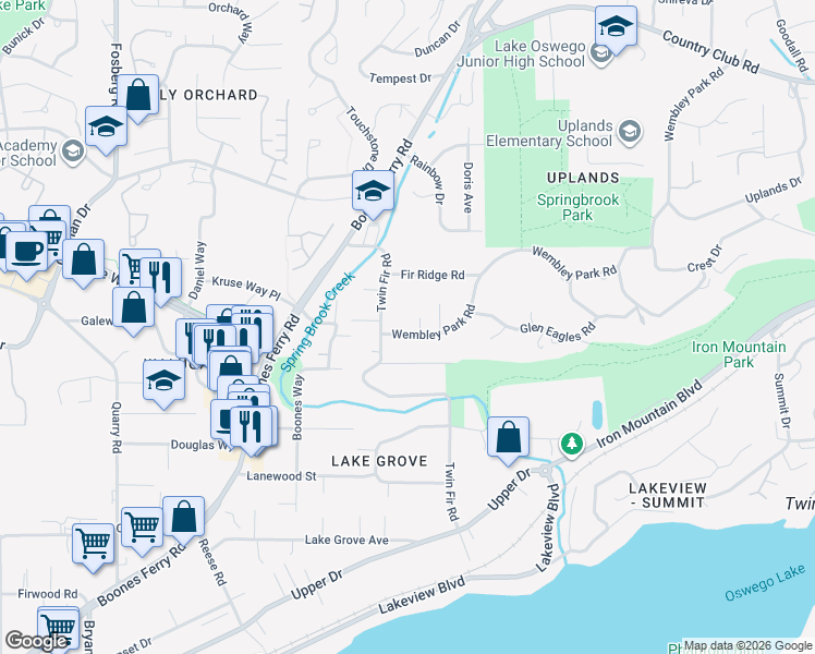 map of restaurants, bars, coffee shops, grocery stores, and more near 15008 Twin Fir Road in Lake Oswego