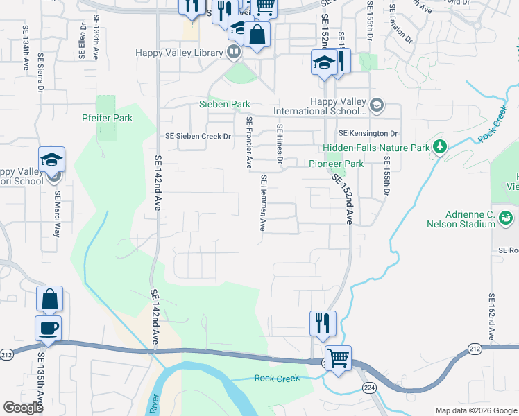 map of restaurants, bars, coffee shops, grocery stores, and more near 14651 Southeast Hemmen Avenue in Clackamas