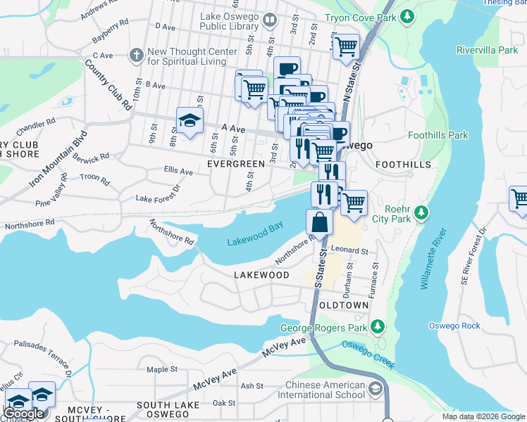 map of restaurants, bars, coffee shops, grocery stores, and more near 125 3rd Street in Lake Oswego