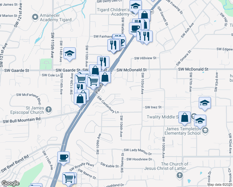 map of restaurants, bars, coffee shops, grocery stores, and more near 14180 Southwest Pacific Highway in Portland