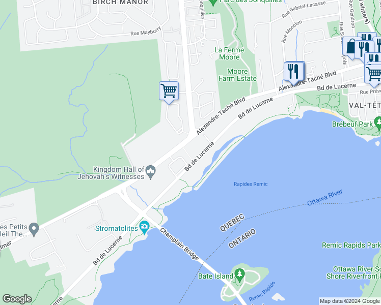 map of restaurants, bars, coffee shops, grocery stores, and more near 150 Boulevard de Lucerne in Gatineau