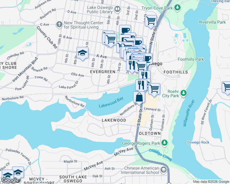 map of restaurants, bars, coffee shops, grocery stores, and more near 125 3rd Street in Lake Oswego