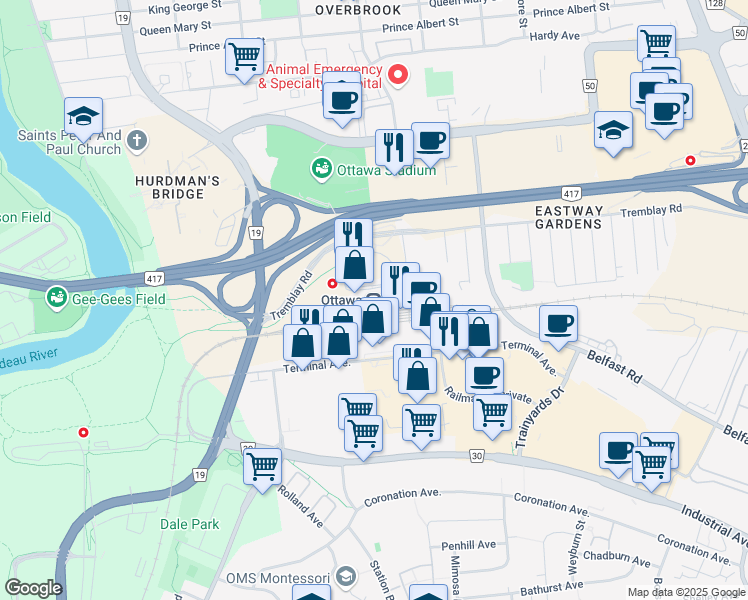 map of restaurants, bars, coffee shops, grocery stores, and more near 200 Tremblay Road in Ottawa