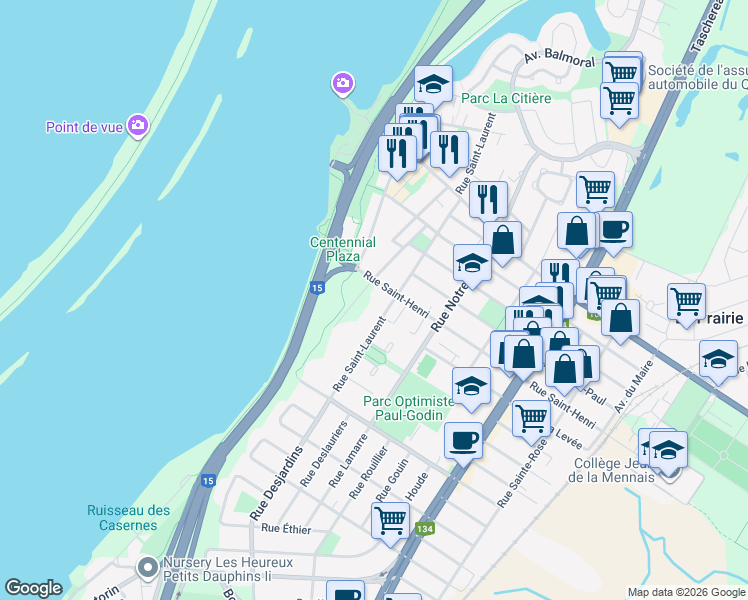map of restaurants, bars, coffee shops, grocery stores, and more near 420 Rue Saint-Laurent in La Prairie