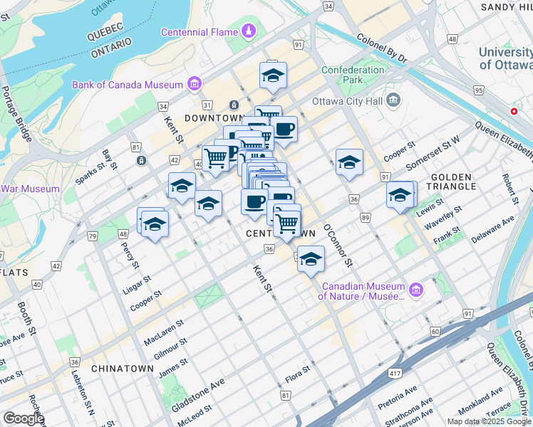 map of restaurants, bars, coffee shops, grocery stores, and more near in Ottawa