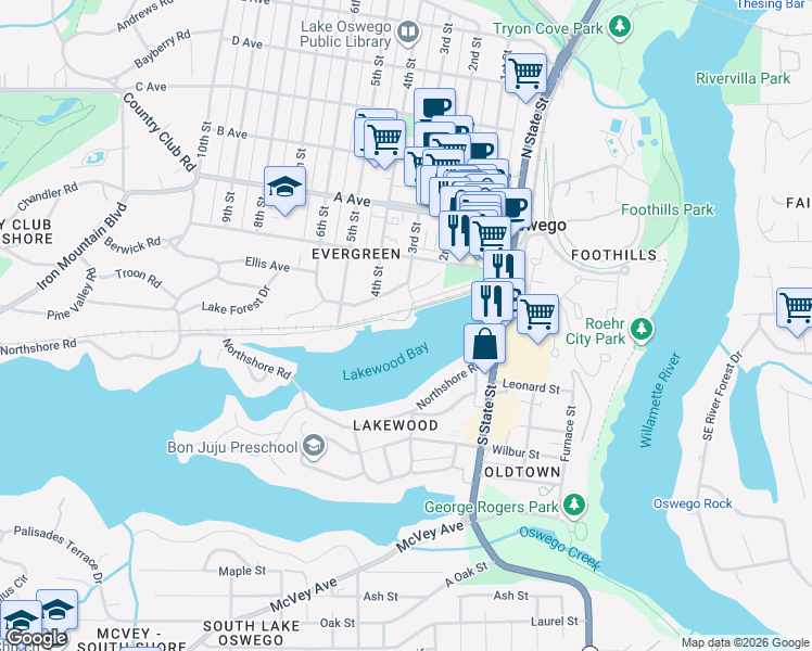 map of restaurants, bars, coffee shops, grocery stores, and more near 106 3rd Street in Lake Oswego