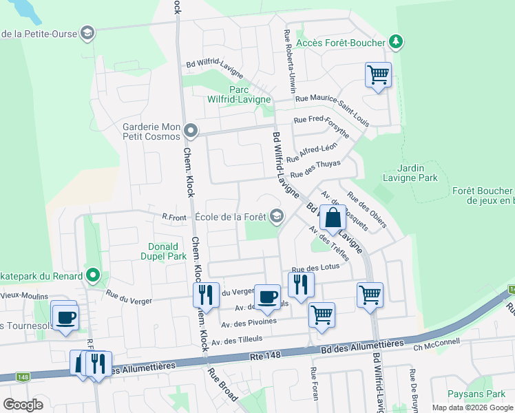 map of restaurants, bars, coffee shops, grocery stores, and more near 41 Impasse Hubert-Bergeron in Gatineau