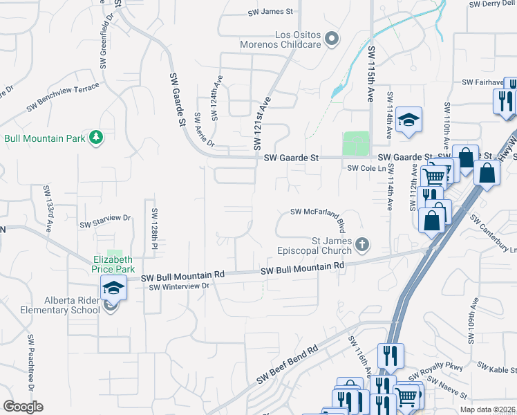 map of restaurants, bars, coffee shops, grocery stores, and more near 14300 Southwest Hazel Hill Drive in Tigard