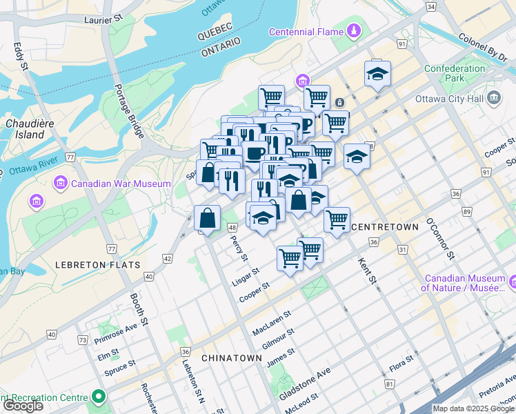 map of restaurants, bars, coffee shops, grocery stores, and more near 475 Laurier Avenue West in Ottawa