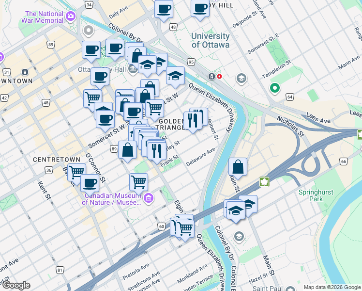 map of restaurants, bars, coffee shops, grocery stores, and more near 146 Waverley Street in Ottawa
