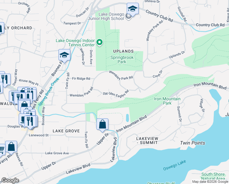 map of restaurants, bars, coffee shops, grocery stores, and more near 2703 Glen Eagles Road in Lake Oswego
