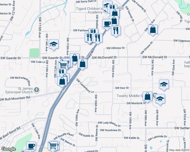 map of restaurants, bars, coffee shops, grocery stores, and more near 10807 Southwest Canterbury Lane in Tigard