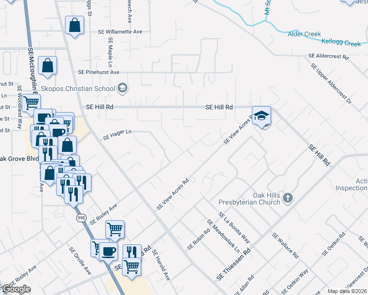 map of restaurants, bars, coffee shops, grocery stores, and more near 14808 Southeast Garland Lane in Milwaukie