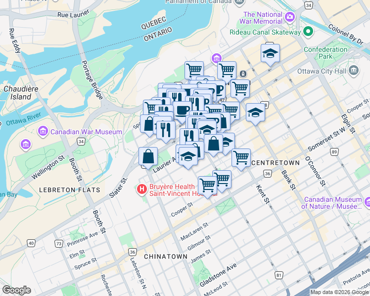 map of restaurants, bars, coffee shops, grocery stores, and more near in Ottawa