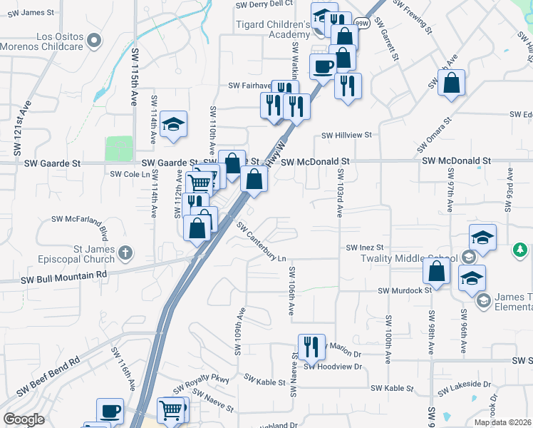 map of restaurants, bars, coffee shops, grocery stores, and more near 10839 Southwest Canterbury Lane in Tigard