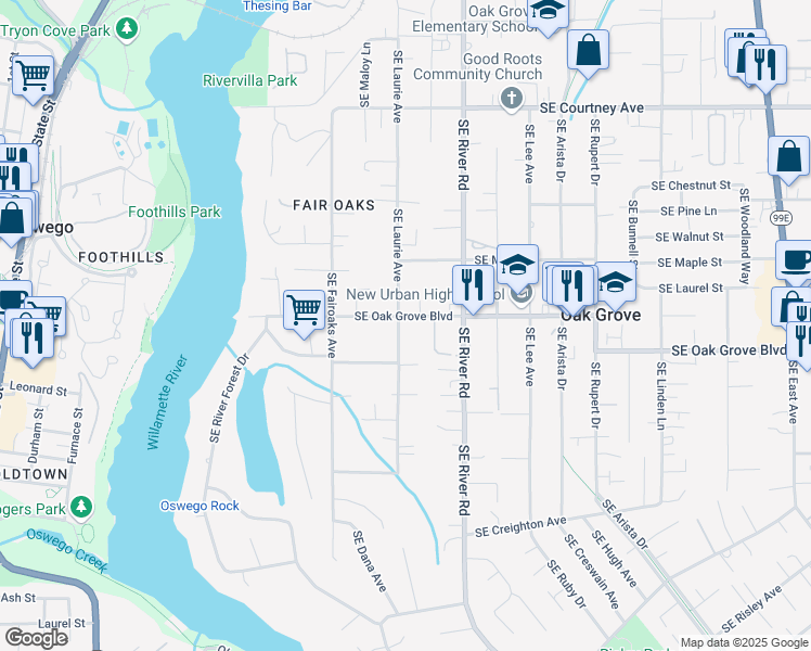 map of restaurants, bars, coffee shops, grocery stores, and more near 1463 Southeast Oak Grove Boulevard in Milwaukie