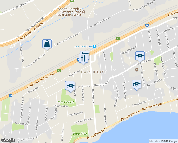 map of restaurants, bars, coffee shops, grocery stores, and more near 86 Rue Morgan in Baie-d'Urfé