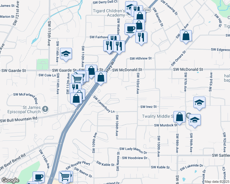 map of restaurants, bars, coffee shops, grocery stores, and more near 10807 Southwest Canterbury Lane in Tigard