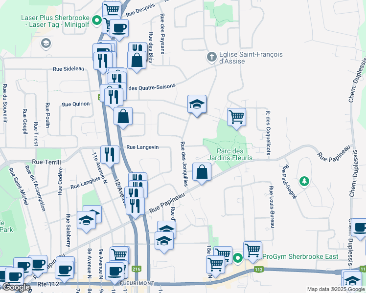 map of restaurants, bars, coffee shops, grocery stores, and more near Rue des Jonquilles in Sherbrooke