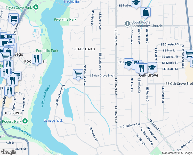 map of restaurants, bars, coffee shops, grocery stores, and more near 1300 Southeast Oak Grove Boulevard in Milwaukie