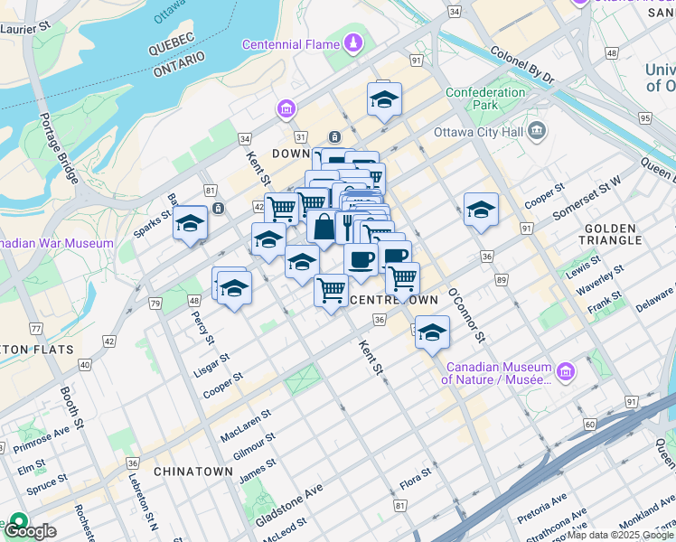 map of restaurants, bars, coffee shops, grocery stores, and more near 235 Kent Street in Ottawa