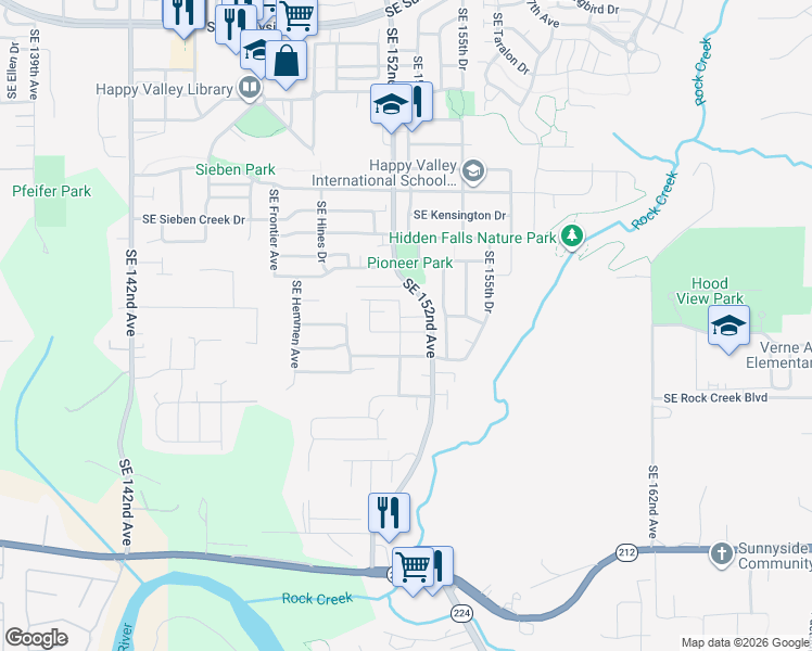 map of restaurants, bars, coffee shops, grocery stores, and more near 15123 Southeast Banner Court in Clackamas