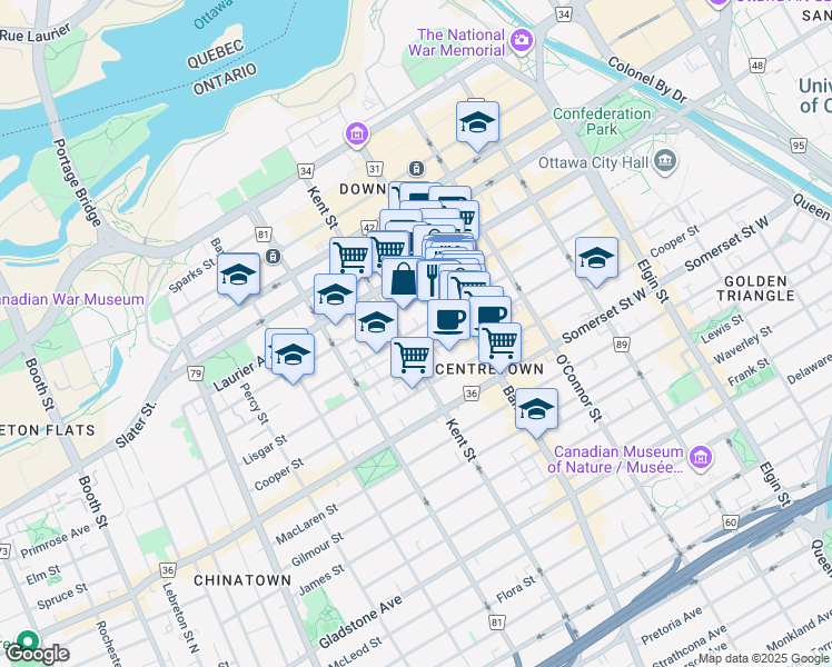 map of restaurants, bars, coffee shops, grocery stores, and more near 235 Kent Street in Ottawa