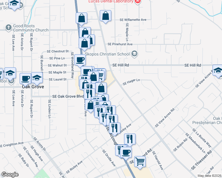map of restaurants, bars, coffee shops, grocery stores, and more near 3500 Southeast Oak Grove Boulevard in Milwaukie