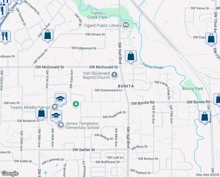 map of restaurants, bars, coffee shops, grocery stores, and more near 8697 Southwest Greensward Lane in Tigard