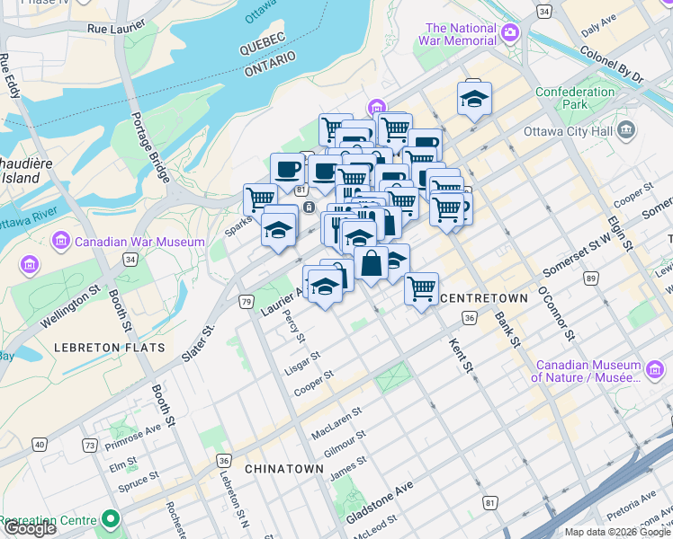 map of restaurants, bars, coffee shops, grocery stores, and more near 475 Laurier Avenue West in Ottawa