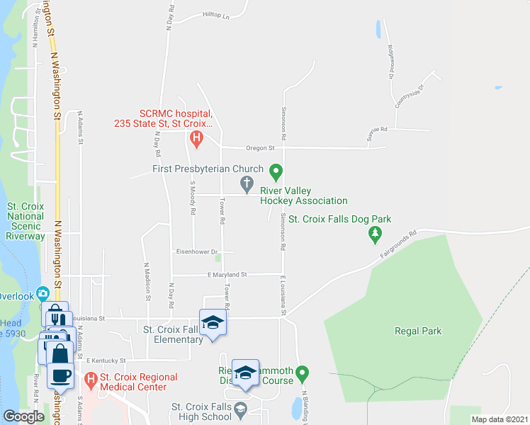 map of restaurants, bars, coffee shops, grocery stores, and more near 419 Pine Court in Saint Croix Falls