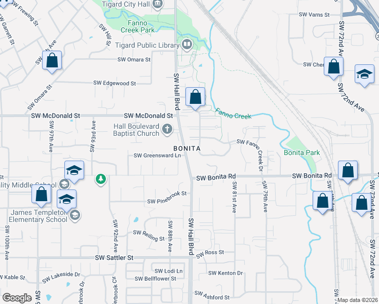 map of restaurants, bars, coffee shops, grocery stores, and more near 14270 Southwest Hall Boulevard in Tigard