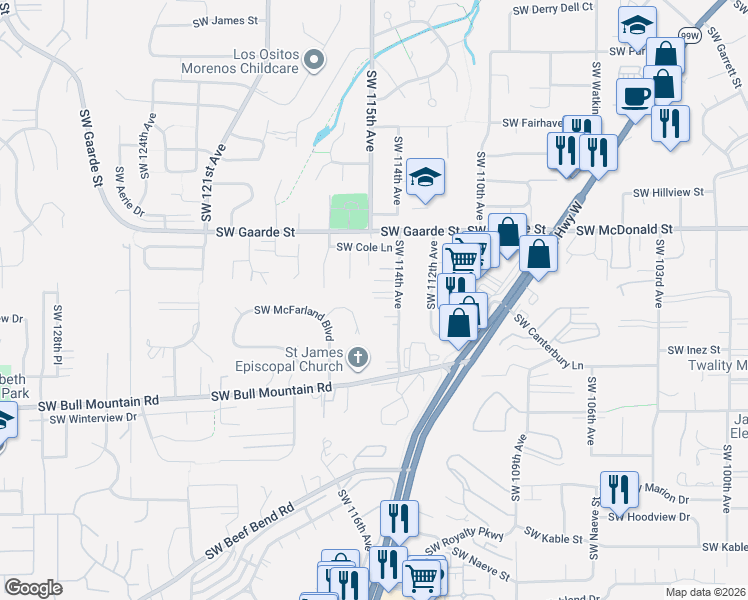 map of restaurants, bars, coffee shops, grocery stores, and more near 14285 Southwest 114th Avenue in Tigard