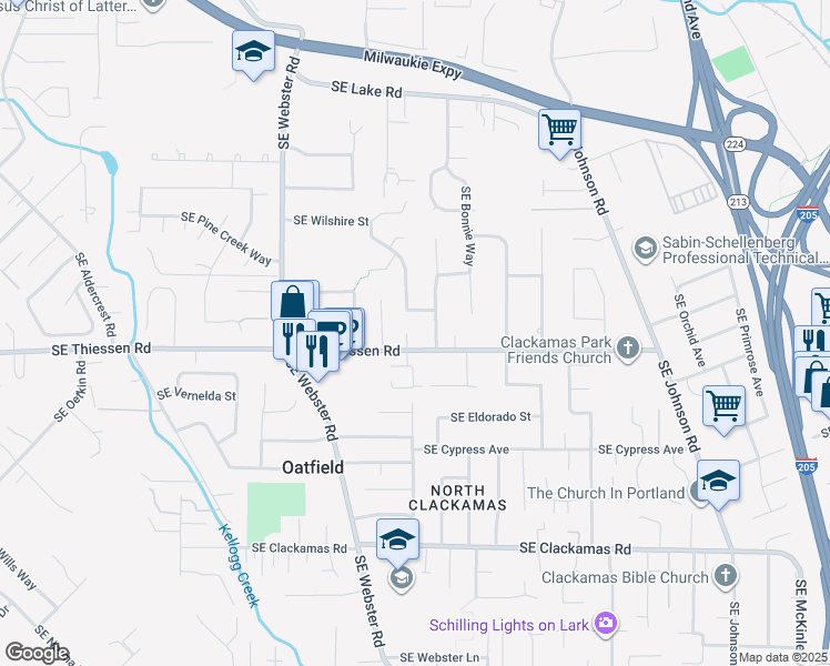 map of restaurants, bars, coffee shops, grocery stores, and more near 14673 Southeast Bevington Avenue in Milwaukie