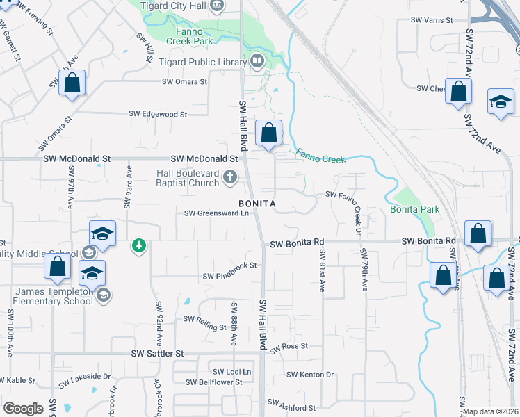 map of restaurants, bars, coffee shops, grocery stores, and more near 14270 Southwest Hall Boulevard in Tigard