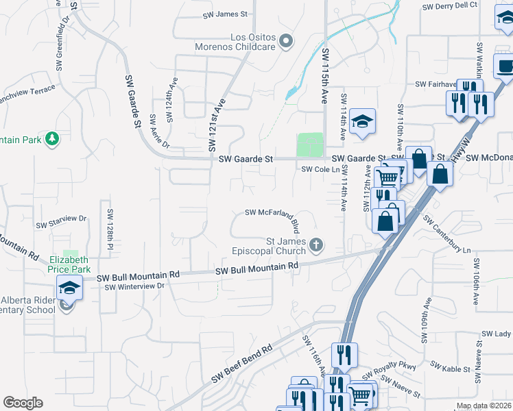 map of restaurants, bars, coffee shops, grocery stores, and more near 14253 Southwest 118th Court in Tigard