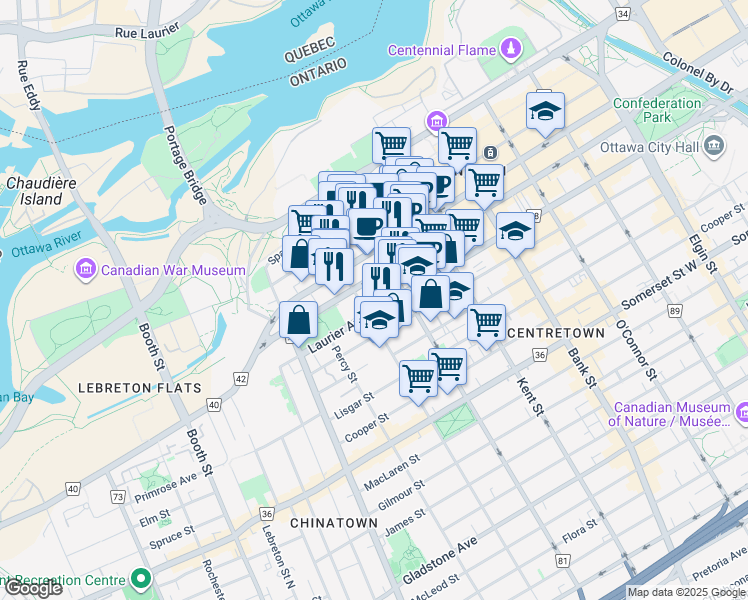 map of restaurants, bars, coffee shops, grocery stores, and more near in Ottawa