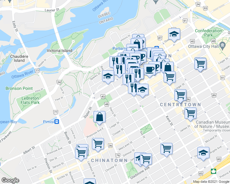 map of restaurants, bars, coffee shops, grocery stores, and more near in Ottawa