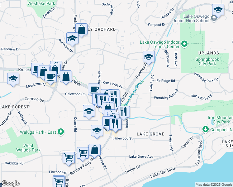map of restaurants, bars, coffee shops, grocery stores, and more near 3900 Kruse Way Place in Lake Oswego