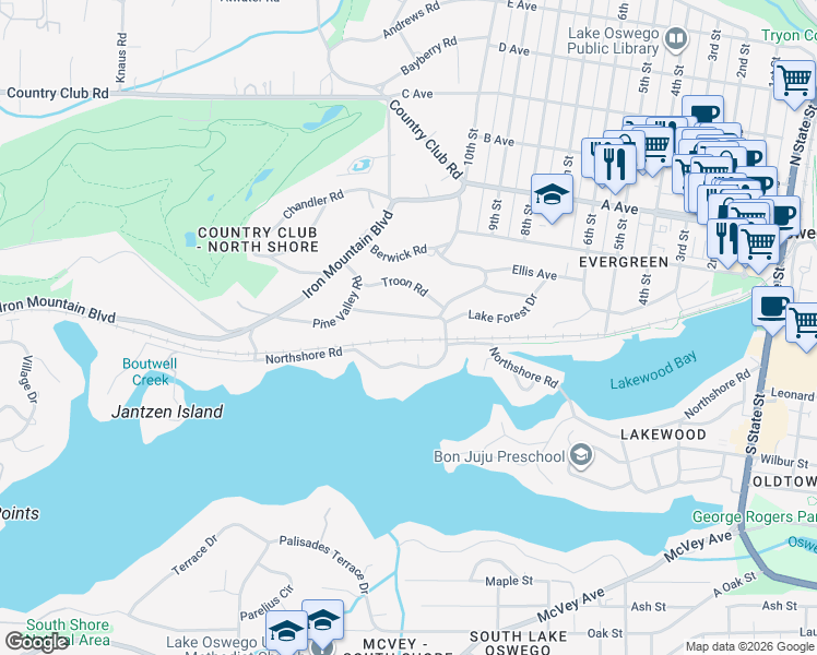 map of restaurants, bars, coffee shops, grocery stores, and more near 1055 Westward Ho Road in Lake Oswego