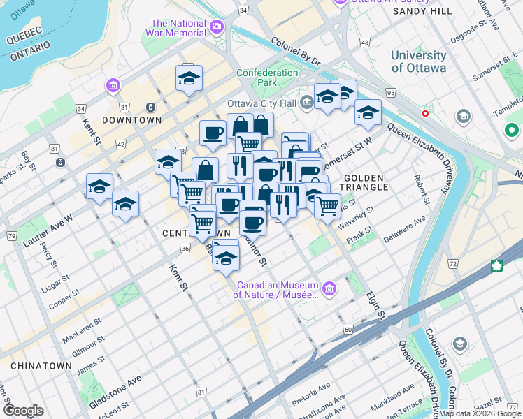 map of restaurants, bars, coffee shops, grocery stores, and more near in Ottawa