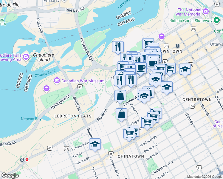 map of restaurants, bars, coffee shops, grocery stores, and more near in Ottawa